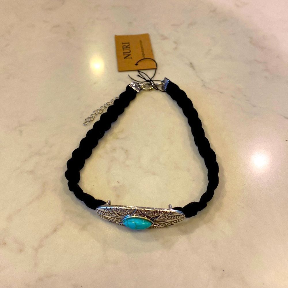 Black braided suede faux turquoise silver color embossed choker brand new